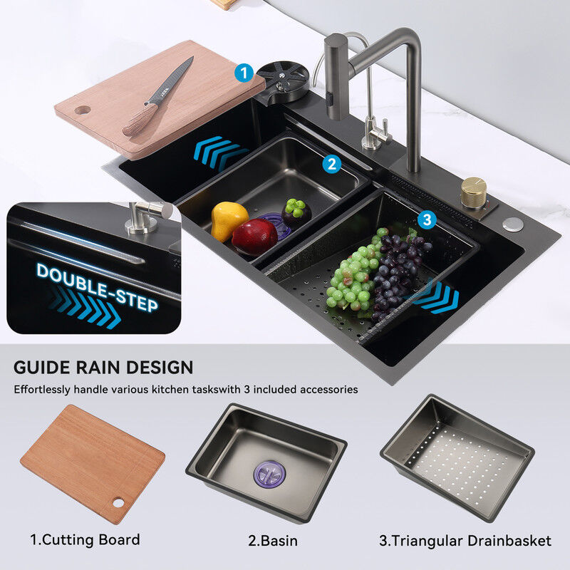 Lavello Da Cucina Nano Nero In Acciaio Inossidabile 304 | Lavandino A Cascata Per Bar E Casa - Foto 2