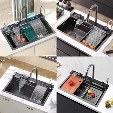 Lavello Multifunzione Lavello Cucina, Lavello in acciaio inox con display LED della temperatura, con rubinetto estraibile a cascata e tagliere＆accessori completi per lavello Grigio (75x45x22CM)