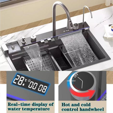 Lavello Multifunzione Lavello Cucina, Lavello in acciaio inox con display LED della temperatura, con rubinetto estraibile a cascata e tagliere＆accessori completi per lavello Grigio (75x45x22CM)