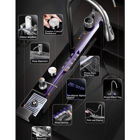 Lavello Multifunzione Lavello Cucina, Lavello in acciaio inox con display LED della temperatura, con rubinetto estraibile a cascata e tagliere＆accessori completi per lavello Grigio (75x45x22CM)