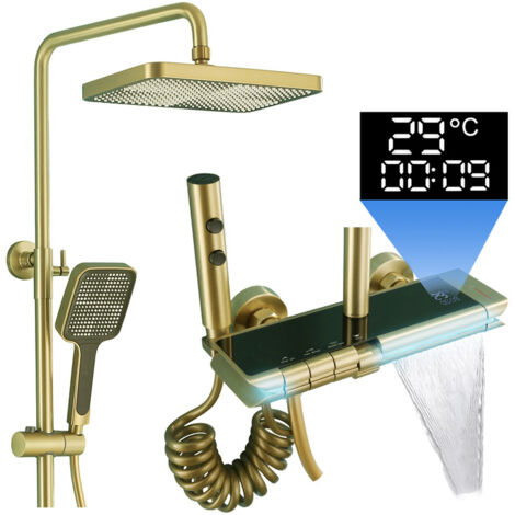 Colonna Doccia Termostatica Nero Con LED - Soffione Pioggia E Doccetta, Miscelatore A Parete