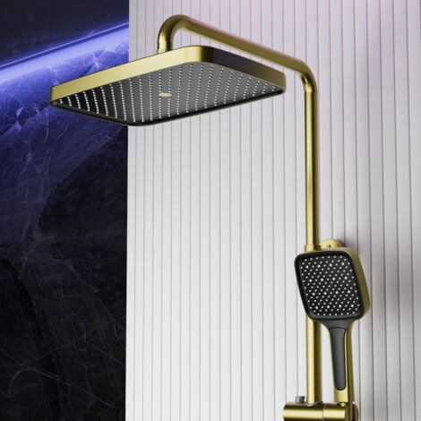 Colonna Doccia Termostatico Miscelatore in Ottone Display Digitale LED Set Doccia Oro Con Soffione Doccia a Pioggia, Doccetta, Bidet, Rubinetto a Cascata, Kit Doccia Montaggio a Parete