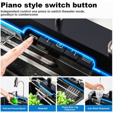 Lavello da cucina, con display a LED della temperatura, Lavello da cucina multifunzionale in acciaio inox 304 a cascata, set Completo Di accessori per Lavello Grigio（75x46x22cm）