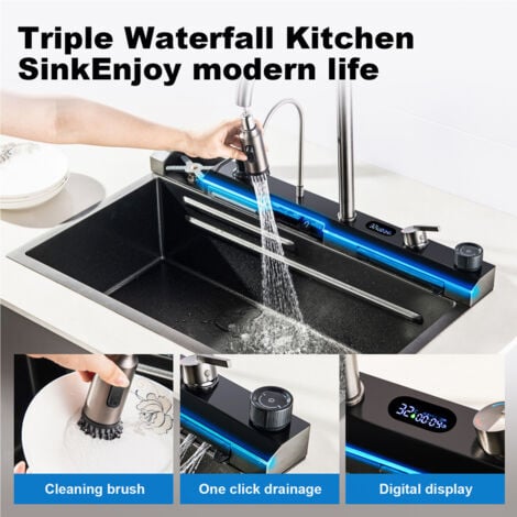 Lavello da cucina, con display a LED della temperatura, Lavello da cucina multifunzionale in acciaio inox 304 a cascata, set Completo Di accessori per Lavello Grigio（75x46x22cm）