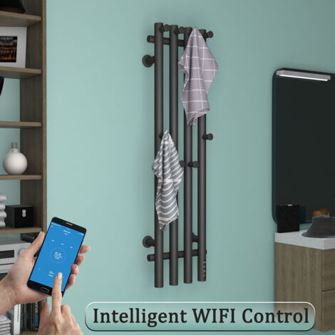 Scaldasalviette Elettrico Nero Radiatore Scaldasalviette 950 x 257 mm 100 W Termoarredo Elettrico da Bagno Termostato WiFi Intelligente Asciugabiancheria da Parete Stendino Elettrico con 8 Ganci