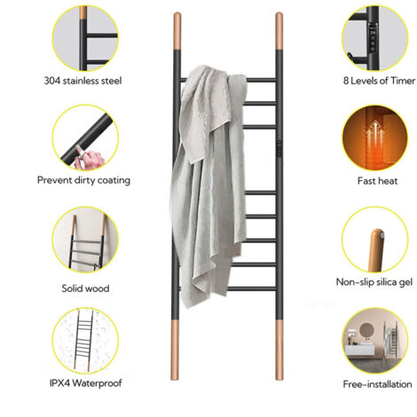 Scaldasalviette Elettrico Scaletta Portasalviette, 150X45CM, 110W Intelligente Portasciugamani Elettrico con Timer Temperatura Regolabile, Piantana Portabiti Bagno, Acciaio Inossidabile