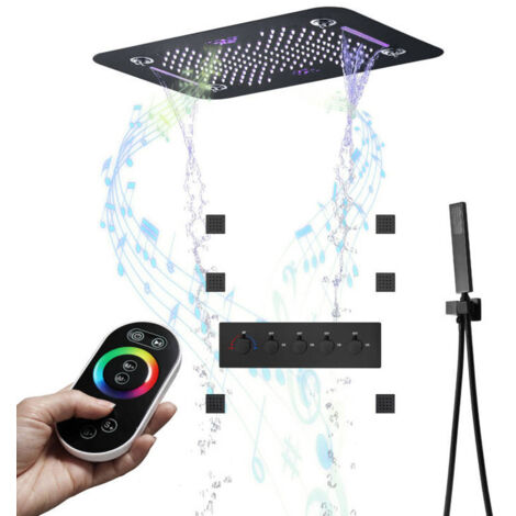 Colonna Doccia Termostatico, 64 Colori RGB LED Musica Colonna Doccia Nero Montaggio a Soffitto Set Doccia con 580380mm 3 Funzioni Soffione Doccia a Pioggia, 6pcs 5050 mm Getti Idromassaggio
