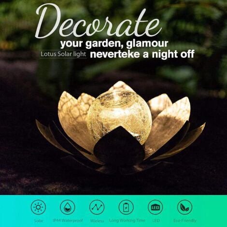 Lampes solaires de jardin extérieur, décoration de lotus en verre craquelé Globe, lumières de fleur en métal LED étanches pour terrasse, pelouse, allée, table, sol