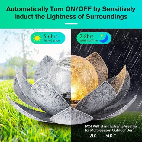 Lampes solaires de jardin extérieur, décoration de lotus en verre craquelé Globe, lumières de fleur en métal LED étanches pour terrasse, pelouse, allée, table, sol