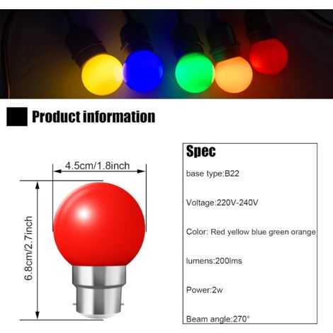 Lot de 20 ampoules led couleur b22 ampoules baïonnette 2w Rouge, Jaune, Orange, Vert, Bleu,Incassable (équivalence 20W)