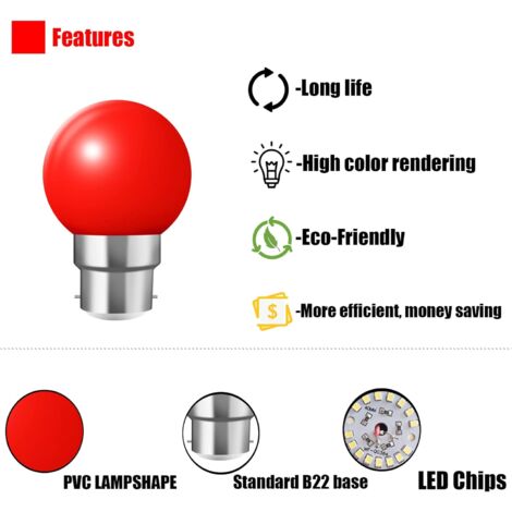 Lot de 20 ampoules led couleur b22 ampoules baïonnette 2w Rouge, Jaune, Orange, Vert, Bleu,Incassable (équivalence 20W)