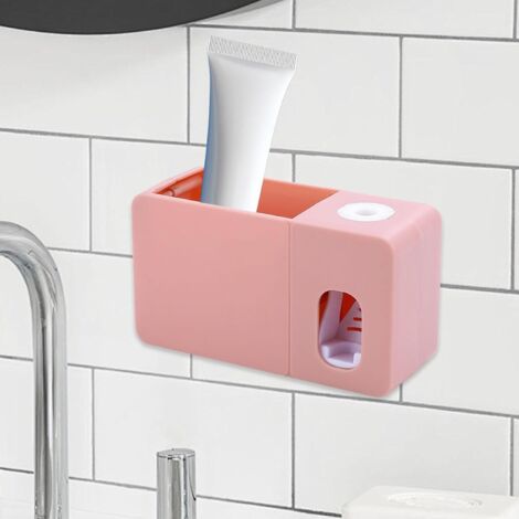 Sollbry Toothpaste Dispenser Toothbrush Holder with Storage Compartment, Easy to Install Bathroom Accessories for Shower Room, Pink