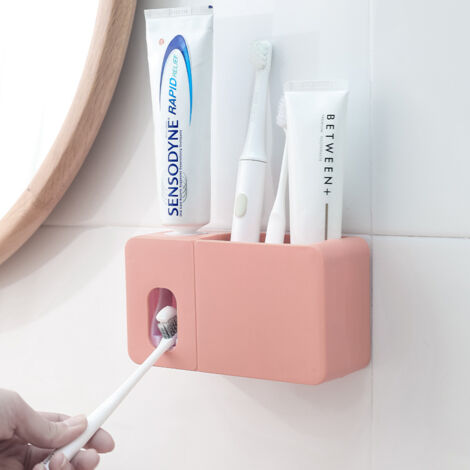 Sollbry Toothpaste Dispenser Toothbrush Holder with Storage Compartment, Easy to Install Bathroom Accessories for Shower Room, Pink