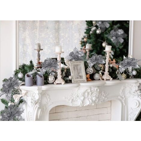 Sollbry 10 Pieces Glitter Artificial Poinsettia Flower Christmas Wreath Xmas Tree Flowers, 11cm Artificial Flower Picks Holiday Garland Wreath Decor (Silver)