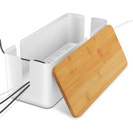 Sollbry Cable Management Box, Cord Storage Box with Bamboo Lid, Wire Cable Hider Box Organize Computer Wiring, Loose Wires, Hide Cables(White)