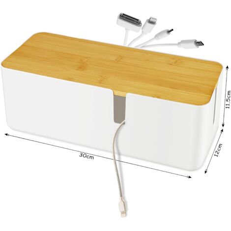 Sollbry Cable Management Box, Cord Storage Box with Bamboo Lid, Wire Cable Hider Box Organize Computer Wiring, Loose Wires, Hide Cables(White)
