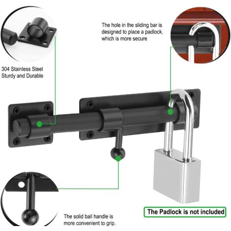 Sollbry Heavy Duty Sliding Door Lock with Padlock Hole 6 inch, 160mm Matte Black Stainless Steel, Sliding Barrel Door Lock Bolt Latch 14mm Diameter