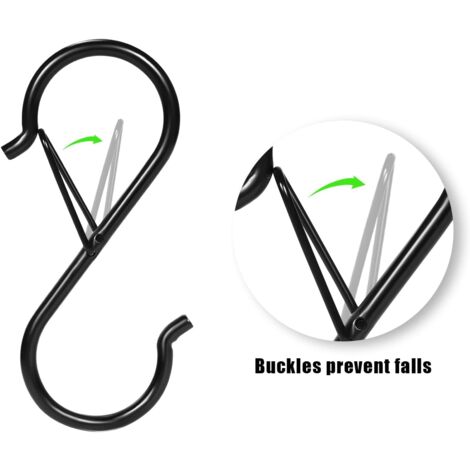 Sollbry 12 Pieces Small S Hooks, Heavy Duty Metal Hooks with Safety Buckle for Office Kitchen Bathroom Garden Wardrobe (Black)