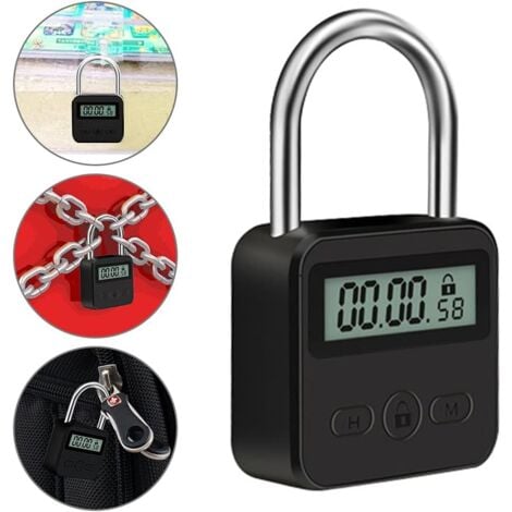 Sollbry Metal Timer Lock, USB Rechargeable Timer Padlock with LCD Display, Multi-Function Electronic Micro Lock, Heavy Duty Metal Padlock (Black)