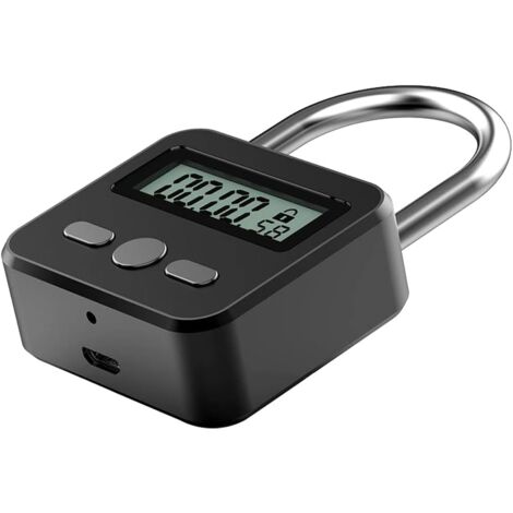 Sollbry Metal Timer Lock, USB Rechargeable Timer Padlock with LCD Display, Multi-Function Electronic Micro Lock, Heavy Duty Metal Padlock (Black)