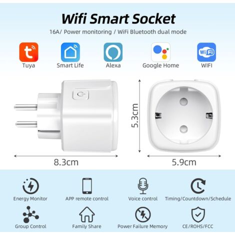 Sollbry WiFi Smart Plug, Smart Socket Works with Alexa, Google Home, Programmable Socket with Energy Consumption Measurement, Remote/Voice Control, Time Function(Type F)