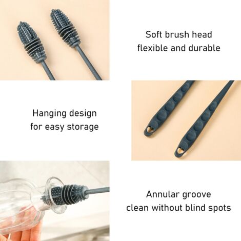 Sollbry Pack 28cm Silicone Bottle Brush with Long Handle, Bottle Cleaning Brush, Suitable for Kitchen Bottles, Glasses Brush, Dishwashing Brush (Grey)