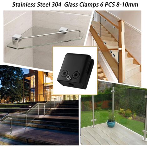 Sollbry 6pcs Black Glass Clamps 8-10mm,304 Stainless Steel Adjustable Glass Clips Flat Back Glass Holder for Balustrade Stair Handrail,Glass Clamps Clip Grip Holder
