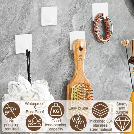 Sollbry 10 Pieces Adhesive Wall Hooks, White Stainless Steel Wall Mounted Towel Holder Bathroom, Kitchen Waterproof Rustproof No Drilling Adhesive Hook, for Towel, Keys, Home, Kitchen
