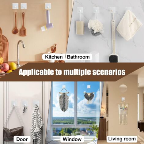 Sollbry 10 Pieces Adhesive Wall Hooks, White Stainless Steel Wall Mounted Towel Holder Bathroom, Kitchen Waterproof Rustproof No Drilling Adhesive Hook, for Towel, Keys, Home, Kitchen