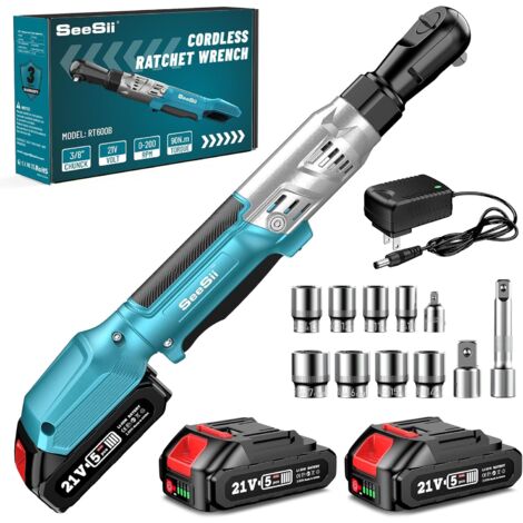 Seesii 3/8" Akku Ratschenschlüssel, 90N.m 200RPM Ratschenschlüssel, zwei 21V Akku Ratsche mit variabler Geschwindigkeit, 7 Steckschlüssel, 1/4" und 1/2" Adapter, 3" Verlängerungsstange