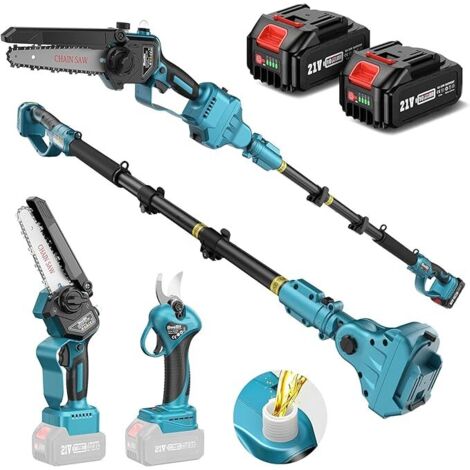 SEESII P6 Combo 6 Zoll Mini Kettensäge mit Teleskopstange & 33 mm Elektro Gartenschere, 4-in-1 Gartenwerkzeug Set mit 2 x 4000mAh Batterien, Maximale Reichweite bis 4,57 m, 30 ml Öltank