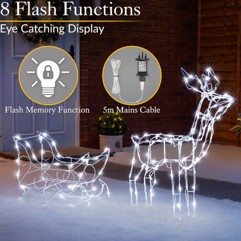 White Wire Light Up Reindeer & Sleigh (2m)