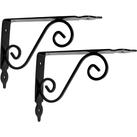Set mit 2 dekorativen Regalhalterungen 200 x 126 x 25 mm – Farbe: Schwarz – verstärkte rechtwinklige Halterungsträger mit „Schmiedeeiseneffekt“ – zur Wandmontage – aus Stahl (1/4)