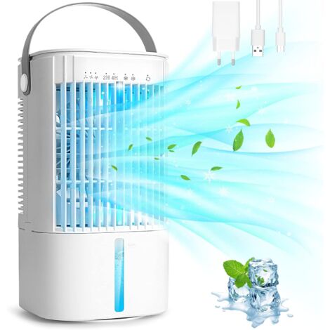 Tragbare Klimaanlage, leise mobile Klimaanlage, Luftkühler, mit 900 ml Wassertank, 3 Geschwindigkeiten, 7 LED-Leuchten, 2 Sprühmodi, 2/4-Stunden-Timer, für Zuhause, Büro