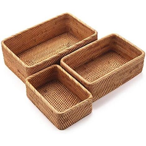 Rechteckiger Rattan-Aufbewahrungskorb, Weiden-Obstkorb, natrlich gewebter  Organizer fr Kche/Esszimmer (3er-Set)