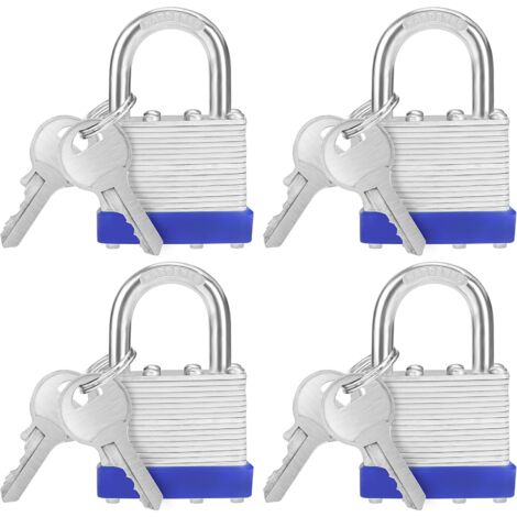 Robustes Vorhängeschloss aus laminiertem Stahl mit Schlüssel und 2 Schlüsseln (4er-Pack) – 6-mm-Bügel – 6,4 x 4,2 x 2,4 cm – wetterbeständiges Vorhängeschloss für den Innen- und Außenbereich für Garag (1/5)