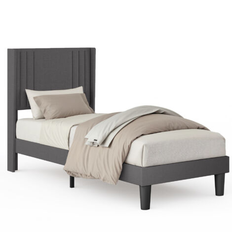 Cama Individual Tapizada 90x200 cm con Cabecero Almacenable Bealife - Somier de Láminas en Lino para Niños y Adolescentes, Gris Oscuro