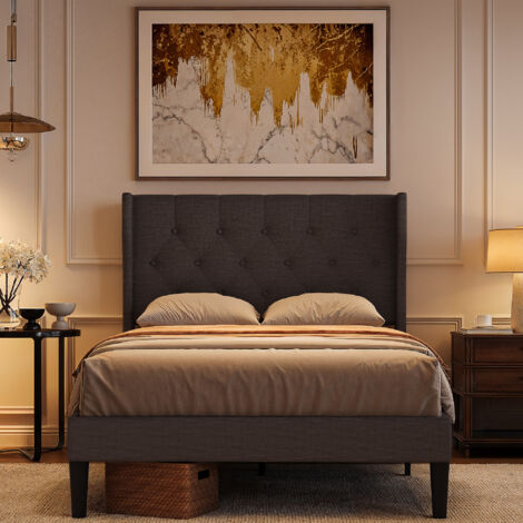 Bealife Cama 120x200 cm con Estructura Sencilla, Cabecero Acolchado, Listones de Madera de Pino y 20 cm de Almacenamiento en Gris Oscuro