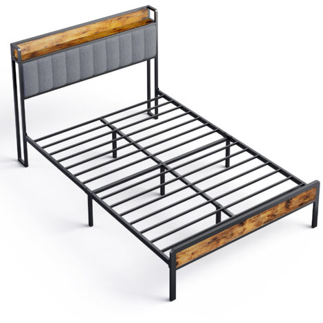 Cama Doble de Metal Bealife 140x200 cm con Cabecero Acolchado en Tela y Somier de Láminas en Negro y Gris Claro, Incluye Espacio de Almacenamiento (1/5)