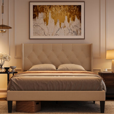 Bealife Cama 140x200 cm con Estructura Simple, Colchón Acolchado, Lamas de Madera de Pino y 20 cm de Almacenamiento Beige