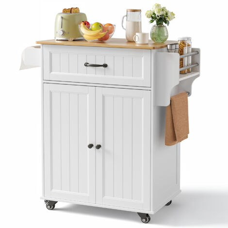 Bealife Carro de Cocina con Ruedas 3 Niveles Mueble de Almacenamiento Móvil con Armario Cajón Organizador de Especias y Toallero Blanco