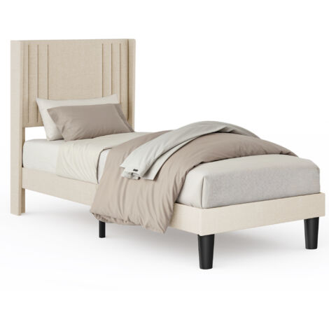 Cama Individual Acolchada 90x200 cm con Cabecero de Almacenamiento Bealife Base de Láminas Tela de Lino para Niños y Adolescentes en Color Amarillento
