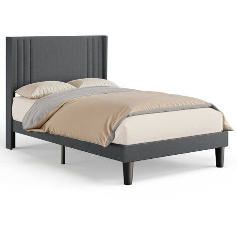 Cama Individual Tapizada 120 x 200 cm con Cabecero de Almacenamiento Bealife Somier de Láminas Tejido de Lino Cama Juvenil Gris Oscuro