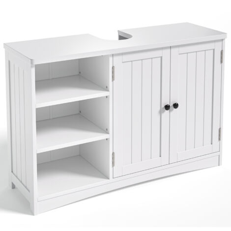 Bealife Mueble bajo lavabo para baño con base, 2 puertas y 3 estantes abiertos regulables, 90 x 30 x 60 cm, Blanco