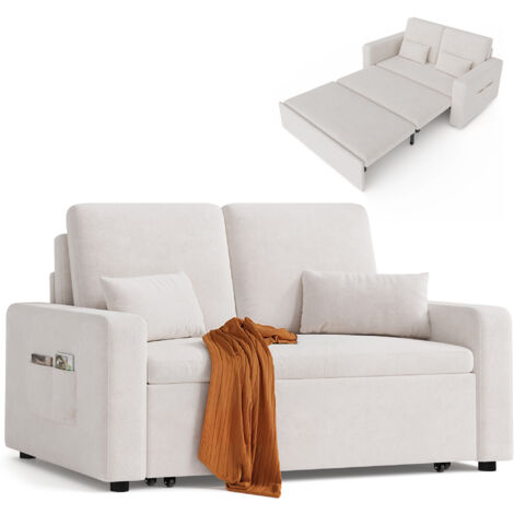 Sillón Convertible Bealife Sofá cama 2 plazas 2 almohadas 2 bolsillos laterales Sofá Chaise Longue Ruedas plegables 147 x 82 x 87 cm Beige