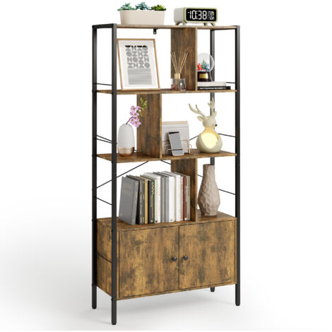 Estantería de 4 Estantes con 2 Puertas Bealife Mueble de Almacenamiento de Pie 11,4 cm Marco de Acero para Oficina, Salón, Habitación 74 x 30 x 153 cm Marrón