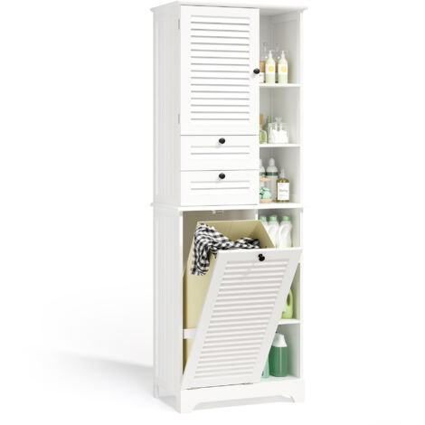 Columna de Baño Bealife Armario de Organización Estantes Regulables con 1 Cesto de Ropa Amovible 2 Cajones 1 Puerta Mueble de Baño Blanco