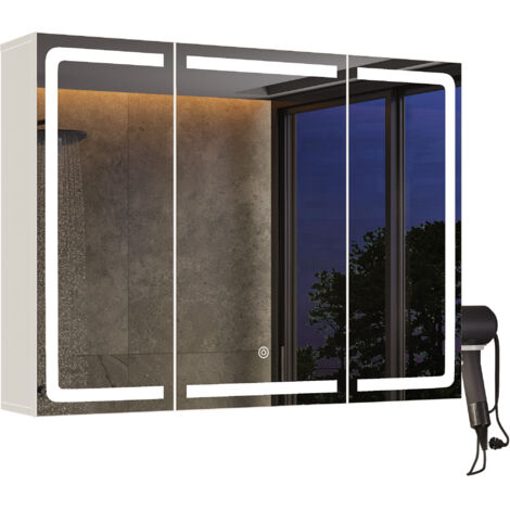 Armario de Baño con Espejo Bealife Iluminación LED y 3 Espejos para Guardar Secadores de Pelo Enchufes y Artículos de Aseo 80 x 16 x 60 cm Blanco