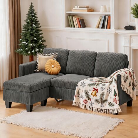 Sofá Esquinero en Forma de L Bealife 3 Plazas con Chaise Longue Tapizado en Pana Apto para Salón 188 x 136,5 x 89 cm Gris