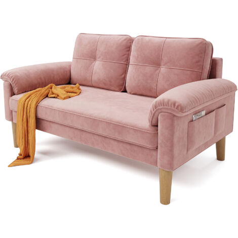Sofá de 2 Plazas Bealife con 2 Cojines de Respaldo y 2 cojines de Reposabrazos Tapizado en Tela Estructura de Madera Escandinavo para Salón y Dormitorio 144 x 77 x 77 cm Rosa